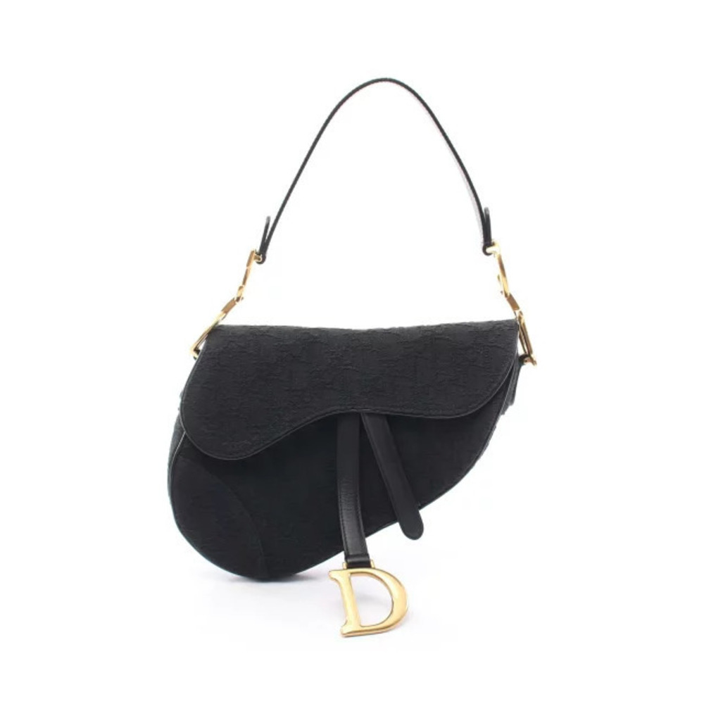 Christian Dior Saddle Bag Oblique Jacquard Shoulder Canvas Leather Black